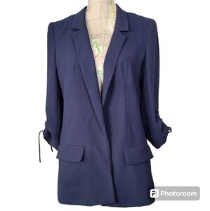 LOFT Size 6 Navy Blue Twill Open Front Blazer Jacket Ruched Sleeve Office Casual